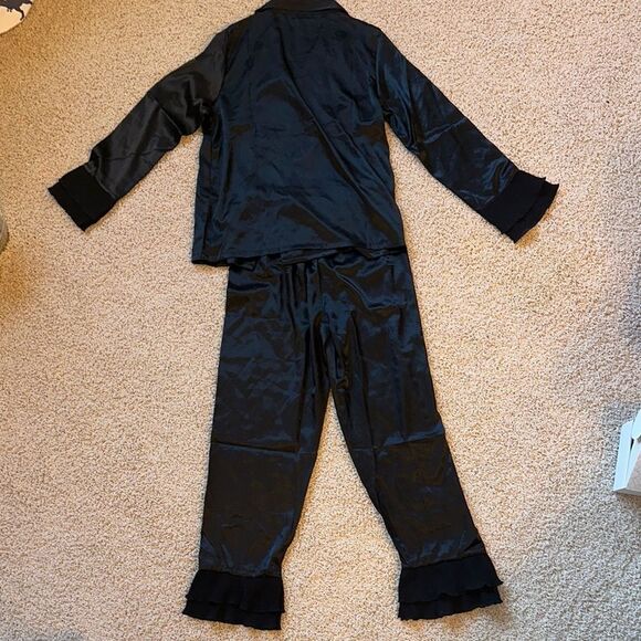 Black Satin Pajama Set with Elegant Contrast Piping - Picture 2 of 10